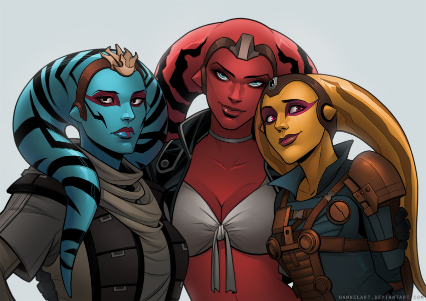 3girls alien armor artist_name blue_eyes blue_skin bra breasts cleavage colored_skin deviantart_username hannelart looking_at_viewer multiple_girls pauldrons pink_eyes red_skin shoulder_armor simple_background single_pauldron star_wars twi'lek underwear upper_body watermark web_address white_background white_bra yellow_skin