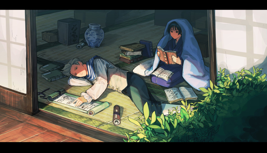 2boys absurdres arm_pillow axis_powers_hetalia black_hair blanket blonde_hair blue_kimono book book_stack day from_outside green_pants highres holding holding_book hood japan_(hetalia) japanese_clothes kimono letterboxed lying male_focus mi_kan1609 multiple_boys netherlands_(hetalia) on_floor on_side open_book pants plant porch qinghua_(porcelain) reading scroll seiza short_hair sitting sliding_doors spiked_hair tatami under_covers vase veranda