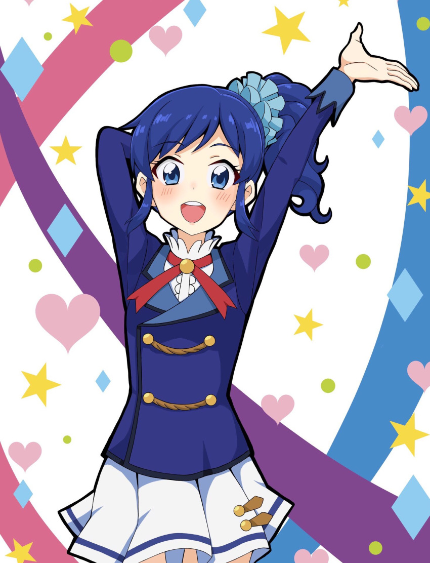 1girl :d aikatsu! aikatsu!_(series) arm_behind_head arm_up blue_eyes blue_hair blue_jacket blush hair_ornament hair_scrunchie heart highres jacket kiriya_aoi kousuke0912 long_hair long_sleeves looking_at_viewer neck_ribbon open_mouth pleated_skirt ponytail red_ribbon ribbon school_uniform scrunchie shirt side_ponytail single_stripe skirt smile solo standing star_(symbol) starlight_academy_school_uniform white_shirt white_skirt