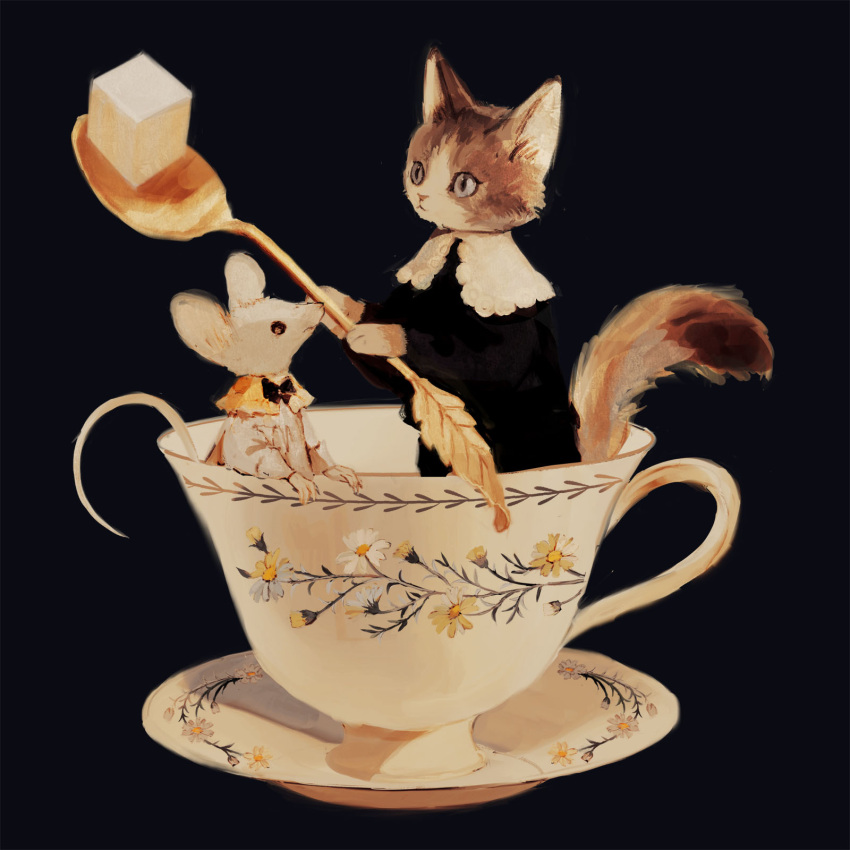 animal animal_focus black_background black_shirt brown_eyes cat closed_mouth clothed_animal collar collared_shirt commentary_request cup english_commentary flower frilled_shirt_collar frills from_side full_body gold_spoon grey_eyes highres holding holding_spoon in_container in_cup leaf_cutlery leaf_spoon looking_at_another mini_person minimized mouse no_humans original porcelain saucer shirt simple_background spoon sugar_cube teacup three_quarter_view tono_(rt0no) white_collar white_flower yellow_collar yellow_flower