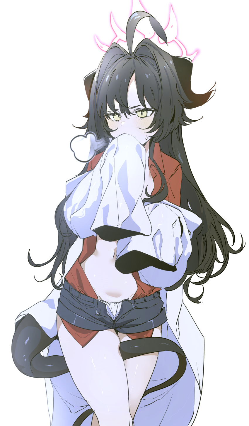 1girl absurdres ahoge between_legs black_hair black_shorts blue_archive blush coat collared_shirt commentary covering_mouth cowboy_shot ddari demon_horns demon_tail hair_between_eyes hair_intakes halo highres horns huge_ahoge kasumi_(blue_archive) korean_commentary lab_coat long_hair long_sleeves midriff navel off_shoulder open_clothes open_coat open_shirt panties pink_halo red_shirt shirt short_shorts shorts simple_background sleeves_past_fingers sleeves_past_wrists solo stomach sweat tail tail_between_legs thighs underwear very_long_hair white_background white_coat white_panties yellow_eyes