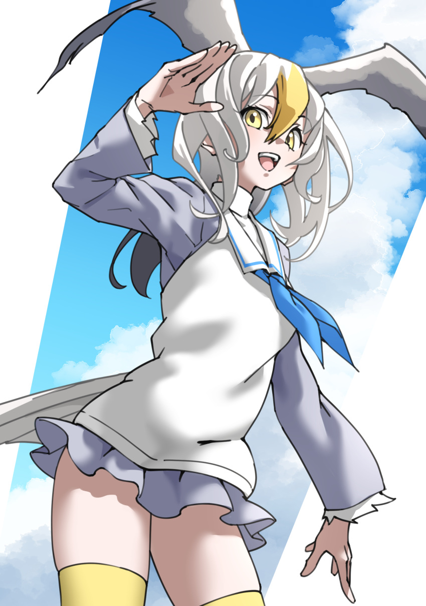 1girl absurdres bird_girl bird_tail bird_wings blonde_hair blue_neckerchief commentary common_gull_(kemono_friends) cowboy_shot frilled_shirt_collar frills grey_shirt grey_skirt hair_between_eyes head_wings highres kemono_friends long_hair long_sleeves multicolored_hair neckerchief pleated_skirt sailor_collar shirt skirt solo tail tanabe_(fueisei) thighhighs vest white_hair white_vest wings yellow_eyes yellow_thighhighs zettai_ryouiki