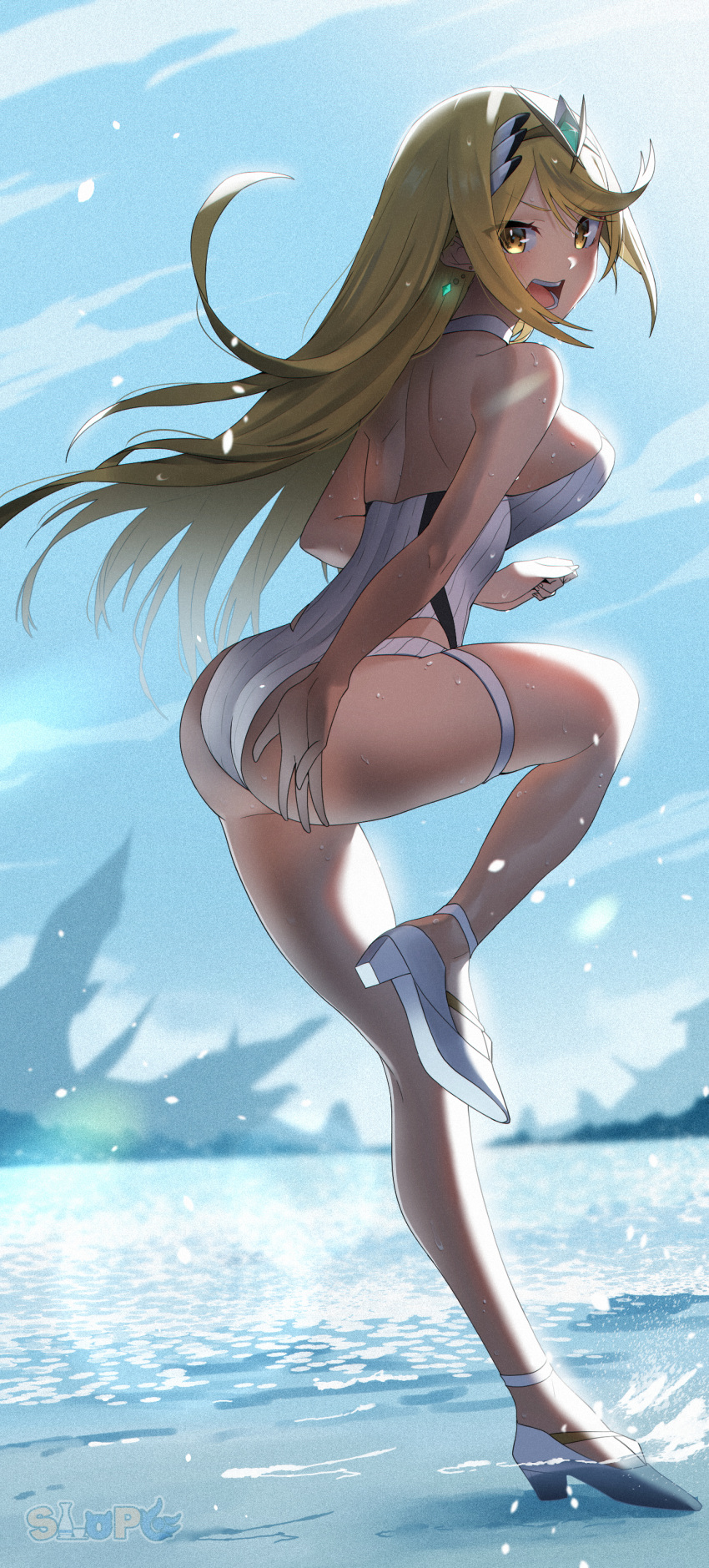 1girl absurdres angry blonde_hair blue_sky breasts choker cloud from_side full_body highres knee_up large_breasts looking_at_viewer mythra_(radiant_beach)_(xenoblade) mythra_(xenoblade) ocean official_alternate_costume open_mouth shoes sky slope_(check238) solo swept_bangs swimsuit teeth thigh_strap white_choker white_footwear xenoblade_chronicles_(series) xenoblade_chronicles_2 yellow_eyes