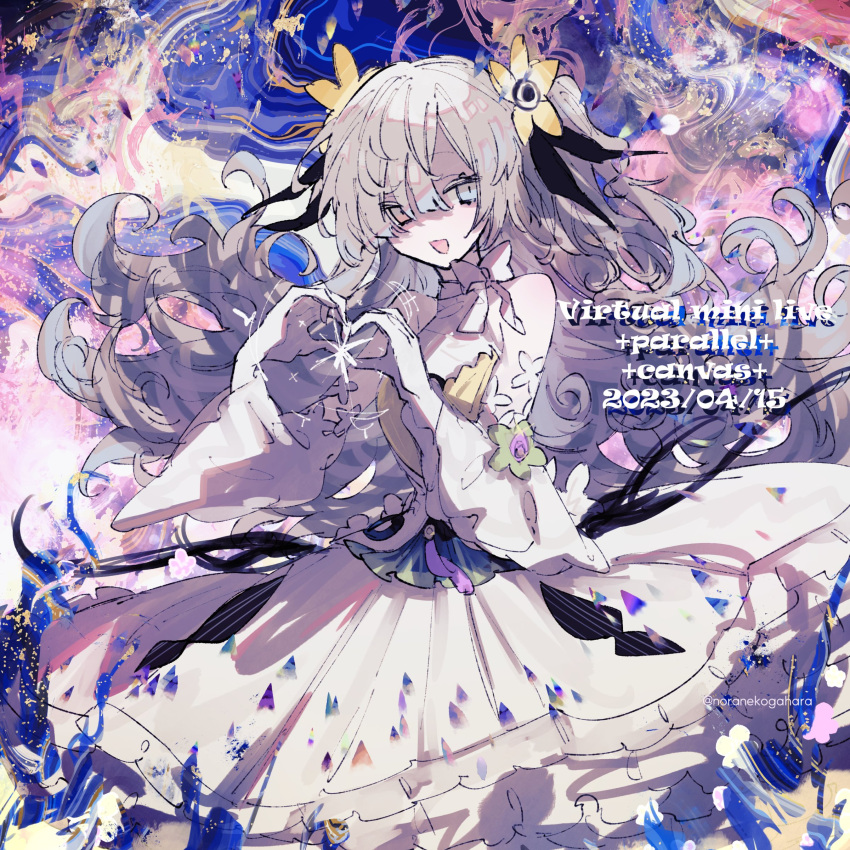 1girl abstract_background absurdres bow bowtie circle_skirt commentary detached_sleeves dress english_text floating_hair flower frilled_dress frills grey_eyes grey_hair hair_flower hair_ornament half-closed_eyes halter_dress halterneck hands_up heart heart_hands highres isekai_joucho kamitsubaki_studio long_hair looking_at_viewer multicolored_clothes multicolored_dress noranekogahara open_mouth smile solo sparkle timestamp twitter_username two_side_up very_long_hair virtual_youtuber wavy_hair white_bow white_dress yellow_dress yellow_flower