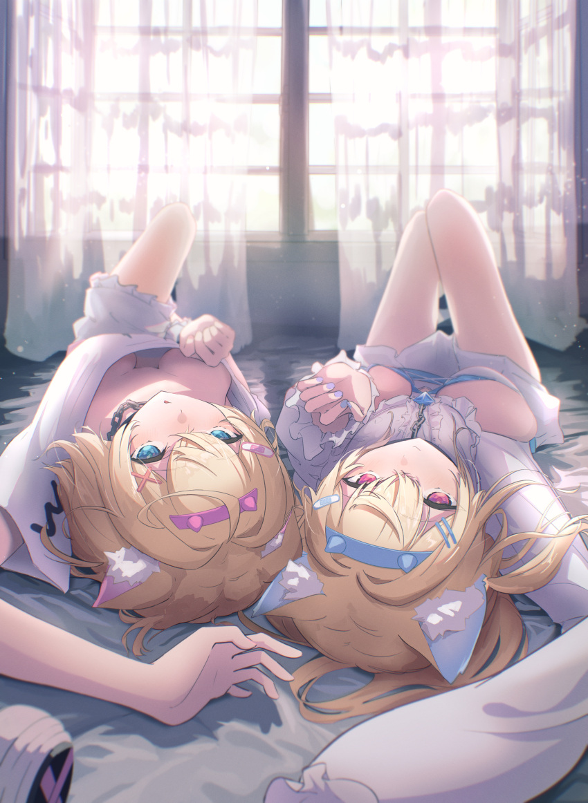 2girls absurdres animal_ear_fluff animal_ears belt_collar black_collar blonde_hair blue_eyes blue_hair blue_nails breasts cleavage closed_mouth collar cropped_shirt curtains dog_ears dog_girl dress frilled_shorts frills fuwawa_abyssgard highres hololive hololive_english large_breasts long_hair looking_at_viewer mococo_abyssgard multicolored_hair multiple_girls oki_no_fuji open_mouth pink_eyes pink_hair pink_nails shirt short_shorts shorts siblings sisters small_breasts smile streaked_hair twins virtual_youtuber white_dress white_shirt window