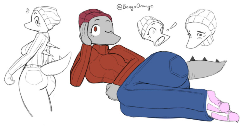 anthro beanie big_butt butt clothed clothing dinosaur erin_(snoot_game) female hat headgear headwear looking_at_viewer lying on_side one_eye_closed orange_bongo rear_view reptile scalie simple_background sketch_page snoot_game_(fan_game) solo spiked_tail spikes spikes_(anatomy) thick_thighs white_background wink winking_at_viewer