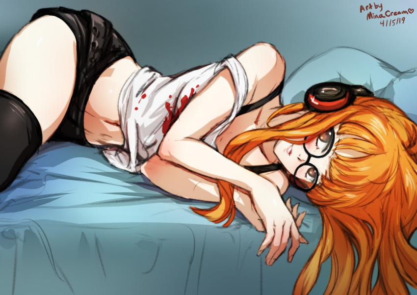 1girl artist_name behind-the-head_headphones black_shorts black_thighhighs brown_eyes closed_mouth dated english_commentary glasses headphones lips long_hair looking_at_viewer lying mina_cream navel off-shoulder_shirt off_shoulder on_side orange_hair paid_reward_available persona persona_5 sakura_futaba shirt short_shorts shorts smile solo thighhighs thighs