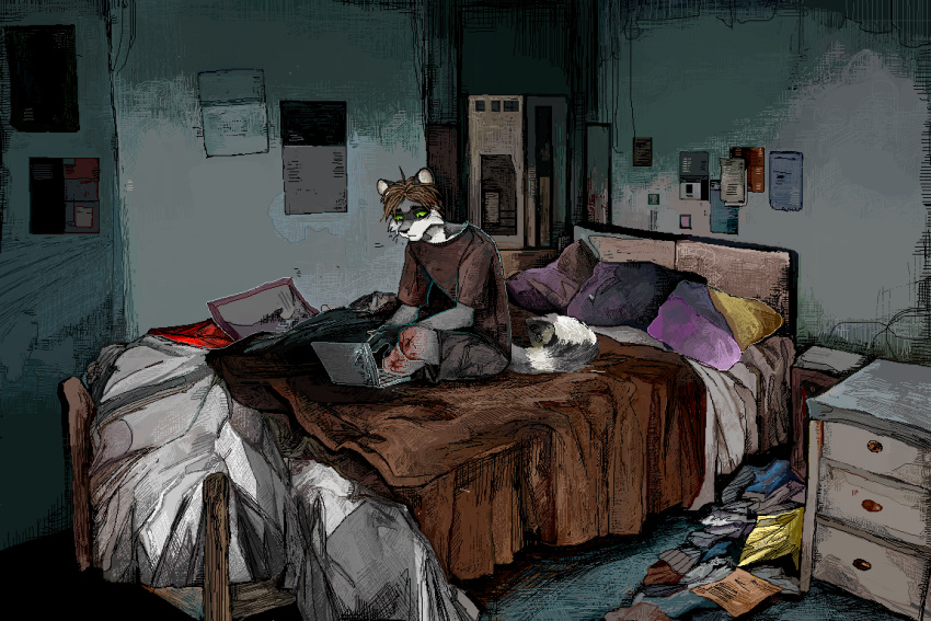 3:2 amputation amputee anthro bed bottomwear clothed clothing computer detailed_background digital_media_(artwork) disability furniture jeffusherb junk laptop loneliness male mammal pillow pixel_(artwork) procyonid raccoon shirt shorts solo t-shirt topwear