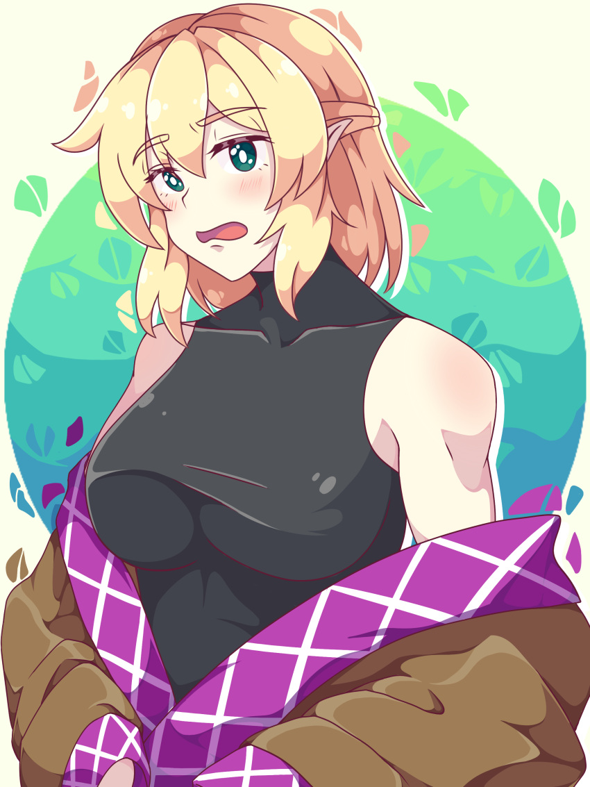 1girl absurdres bare_shoulders blonde_hair blush breasts brown_shirt collarbone detached_sleeves green_eyes half_updo highres large_breasts looking_at_viewer mizuhashi_parsee neferkitty open_mouth pointy_ears shirt short_hair solo subterranean_animism touhou