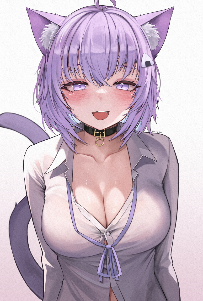 1girl absurdres ahoge animal_ear_fluff animal_ears arms_at_sides black_collar blush breasts button_gap cat_ears cat_tail cleavage collar collarbone collared_shirt commentary crossed_bangs dress_shirt food-themed_hair_ornament gradient_background hair_between_eyes hair_ornament highres hololive kkato large_breasts long_sleeves looking_at_viewer medium_hair neck_ribbon nekomata_okayu onigiri_hair_ornament open_mouth purple_eyes purple_hair purple_ribbon ribbon shirt solo sweat symbol-only_commentary tail teeth upper_body upper_teeth_only virtual_youtuber white_background white_shirt