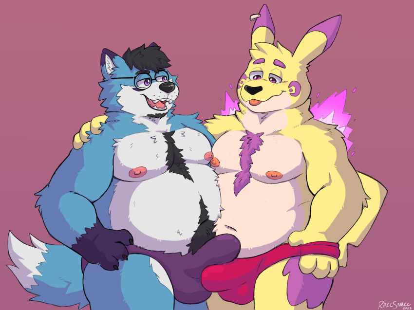 anthro belly belly_hair belly_overhang belly_to_belly blue_body blue_fur body_hair briefs bulge bulge_frottage canid canine canis chest_hair chest_tuft chubby_male clothing colored_fire cookie_(nick-sona) dipstick_ears dipstick_tail duo ear_piercing erect_nipples erection eyewear fan_character fire frottage fur generation_1_pokemon glasses head_tuft hi_res inner_ear_fluff male male/male mammal markings moobs multicolored_ears muscular_arms navel nintendo nipples nipples_touching piercing pikachu pokemon pokemon_(species) purple_body purple_fire purple_fur rodraccoon sex sharp_teeth tail tail_markings tan_body tan_fur teeth tuft underwear white_body white_fur wolf yellow_body yellow_fur