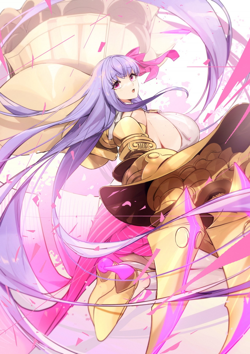 1girl bare_shoulders blush breasts claw_(weapon) claws fate/grand_order fate_(series) hair_ribbon highres huge_breasts long_hair looking_at_viewer no-kan o-ring open_mouth pantyhose passionlip_(fate) pink_eyes pink_ribbon pink_shorts puffy_shorts purple_hair ribbon shorts sideboob solo striped striped_shorts very_long_hair weapon white_pantyhose