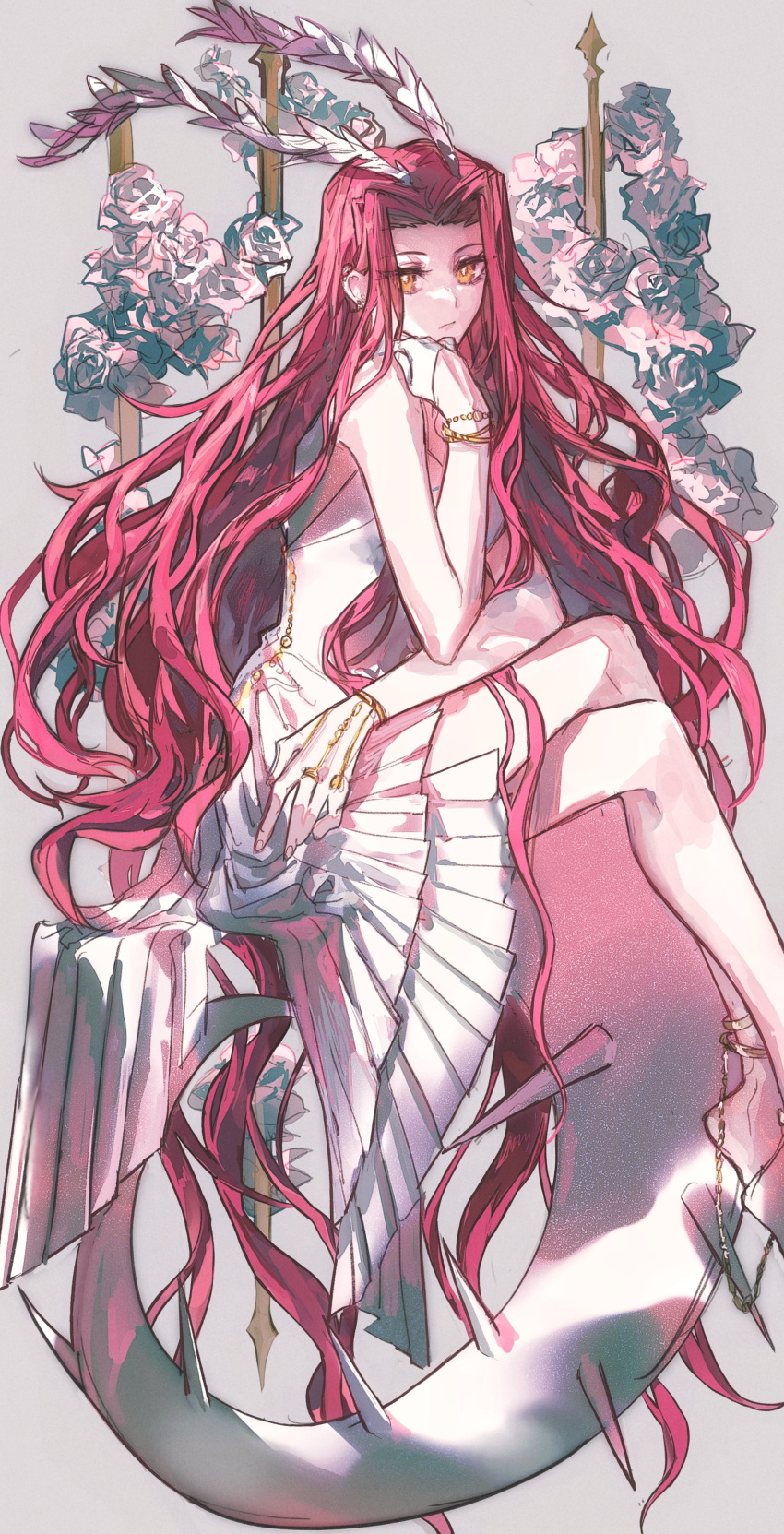 1girl absurdly_long_hair absurdres anklet bare_legs bare_shoulders barefoot bracelet breasts cleavage closed_mouth crossed_legs dress earrings flower full_body gloves grey_background hair_ornament highres izayoi_aki jewelry legs long_hair looking_at_viewer medium_breasts naoki_(2rzmcaizerails6) necklace red_hair ribbon rose simple_background sitting sleeveless solo thighs very_long_hair white_dress white_flower yellow_eyes yu-gi-oh! yu-gi-oh!_5d's