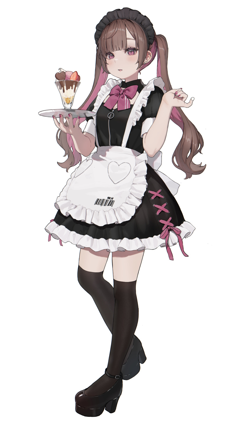 1girl absurdres alternate_costume apron barcode black_dress black_footwear black_thighhighs blunt_bangs bow brown_hair colored_inner_hair cropped_legs cross-laced_clothes cross-laced_dress daluto_(hitomi555) dress enmaided food frilled_apron frilled_dress frills heart highres holding holding_tray ice_cream kneehighs looking_at_viewer maid maid_apron maid_headdress mixed-language_commentary multicolored_hair original over-kneehighs parted_bangs parted_lips pink_bow pink_eyes pink_hair pink_nails sidelocks simple_background socks solo standing sundae thighhighs tray twintails two-tone_hair white_apron white_background