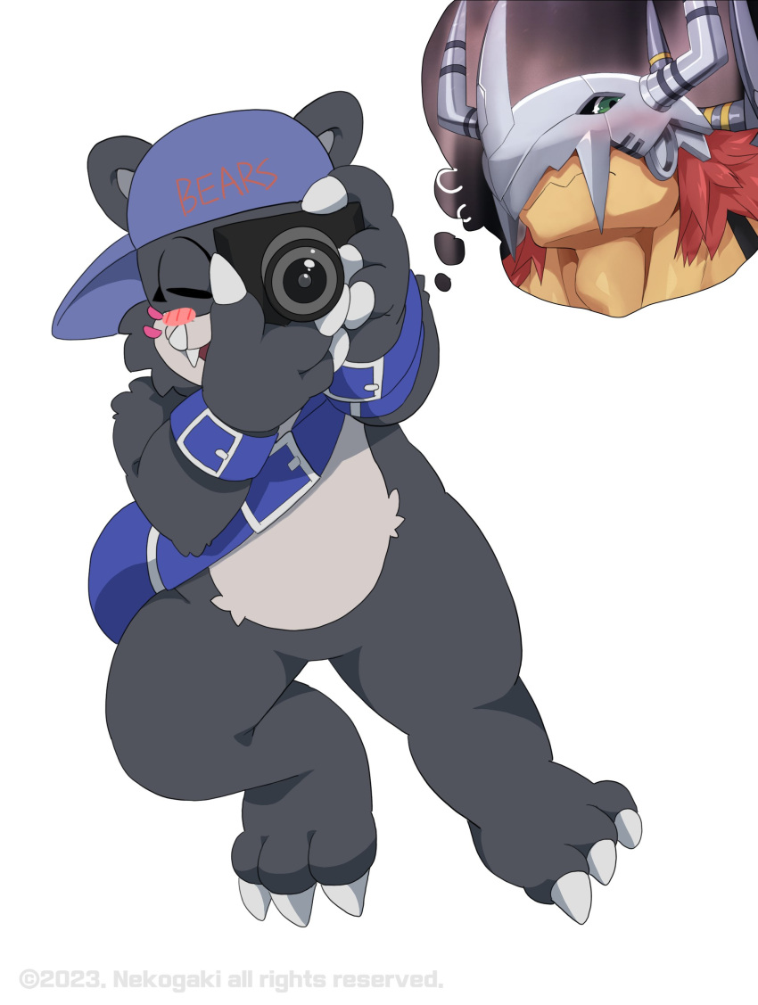 absurd_res anthro bandai_namco baseball_cap bearmon belt blush camera clothing digimon digimon_(species) duo fur green_eyes grey_body grey_fur hat headgear headwear hi_res image_bubble male metal_helmet nekogaki0324 wargreymon white_body white_fur