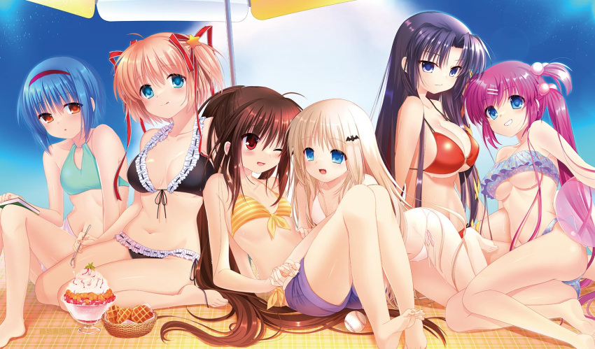 6+girls :d ball bare_arms bare_legs bare_shoulders barefoot baseball_(object) beach_umbrella beachball bikini black_bikini black_hair blanket blonde_hair blue_bikini blue_eyes blue_hair blue_sky blush book breasts breasts_apart brown_hair cleavage closed_mouth collarbone comiket_102 commentary_request curvy expressionless eyes_visible_through_hair fang feet feet_out_of_frame fingernails frilled_bikini frills front-tie_bikini_top front-tie_top full_body hair_between_eyes hair_bobbles hair_ornament hair_ribbon hair_spread_out hairband hairclip halterneck happy highres holding holding_ball holding_beachball holding_book holding_hands kamikita_komari knees_together_feet_apart knees_up kurugaya_yuiko large_breasts legs legs_together lens_flare licking_lips little_busters! long_hair long_ribbon looking_at_another looking_at_viewer multiple_girls natsume_rin navel nishizono_mio noumi_kudryavka o-ring o-ring_bikini one_eye_closed open_mouth orange_bikini orange_eyes otou_(otou_san) outdoors parfait parted_bangs parted_lips purple_eyes purple_hair red_bikini red_eyes red_hairband red_ribbon ribbon saigusa_haruka second-party_source shiny_skin short_hair side-tie_bikini_bottom sidelighting sitting sky small_breasts smile soles stomach straight_hair swimsuit thighs toenails toes tongue tongue_out two_side_up umbrella underboob very_long_hair wariza white_bikini yokozuwari