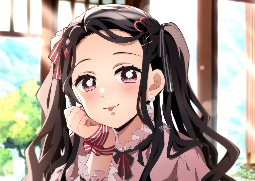 1girl :p alternate_costume alternate_hairstyle black_hair diamond_hair_ornament hair_ornament hair_ribbon heart heart_hair_ornament highres kamado_nezuko kimetsu_no_yaiba long_hair pink_eyes pink_shirt pori_(kmt_pori) red_ribbon ribbon shirt smile solo striped striped_ribbon tongue tongue_out twintails