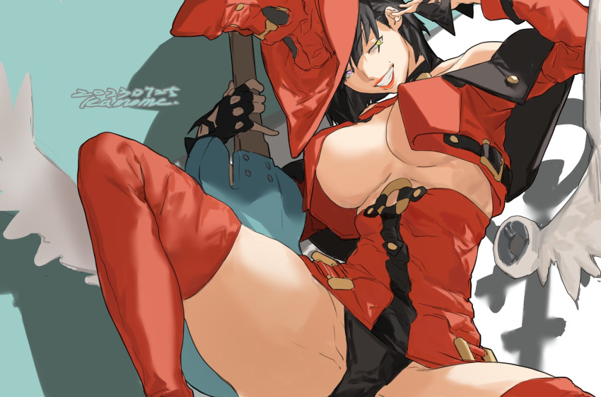 1girl amatuki bare_shoulders black_gloves black_hair black_panties boots breasts cleavage dress electric_guitar fingerless_gloves gloves guilty_gear guilty_gear_xrd guilty_gear_xx guitar hat heterochromia highres i-no instrument large_breasts long_sleeves looking_at_viewer mole mole_above_mouth panties purple_eyes red_dress red_footwear red_headwear red_lips short_hair sitting thigh_boots underwear venus_symbol witch_hat yellow_eyes