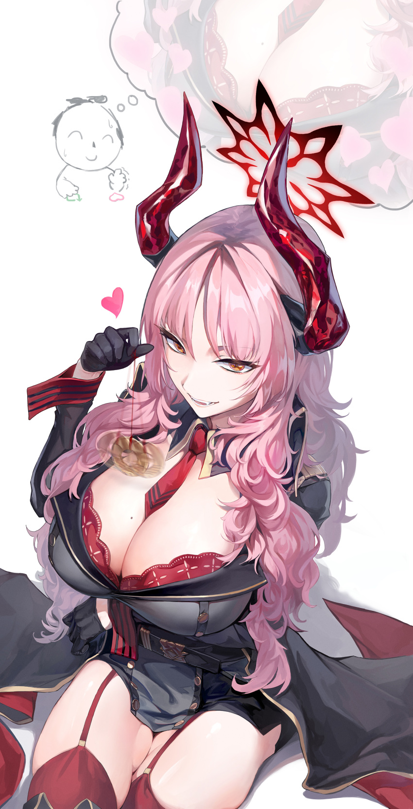 1boy 1girl absurdres arm_under_breasts arona's_sensei_doodle_(blue_archive) bangs between_breasts black_gloves blue_archive blush bra bra_peek breasts cleavage close-up coin coin_on_string crossed_legs demon_horns fangs garter_straps gloves half_gloves halo heart highres holding_pendulum holed_coin horns hypnosis lace-trimmed_bra lace_trim large_breasts like_and_retweet long_hair looking_at_viewer mind_control mole mole_on_breast mole_under_mouth necktie open_mouth pendulum pink_hair red_bra red_garter_straps red_halo red_horns red_necktie relfit satsuki_(blue_archive) sensei_(blue_archive) sitting smile thighhighs thought_bubble underwear