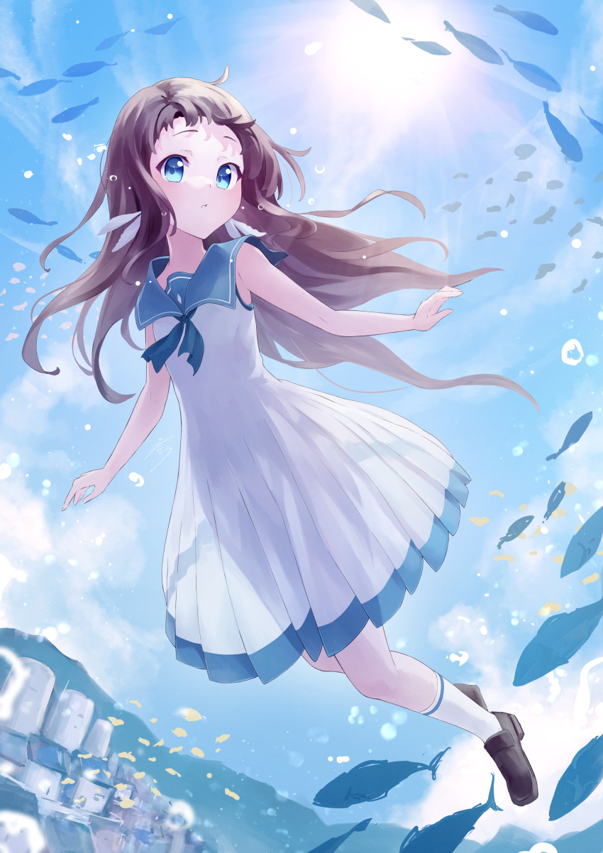 1girl absurdres blue_eyes blue_sailor_collar blue_sky brown_hair cloud dress fish highres loafers long_hair looking_at_viewer minau37 mukaido_manaka nagi_no_asukara nami_junior_high_school_uniform sailor_collar sailor_dress school_uniform see-through_silhouette shoes sky solo sun swimming underwater white_dress