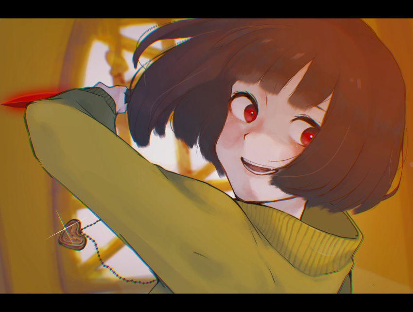 1other :d black_border blunt_bangs blunt_ends blush blush_stickers bob_cut border brown_hair chara_(undertale) close-up commentary constricted_pupils crazy_eyes floating_hair green_sweater heart_pendant highres holding holding_knife holding_weapon incoming_attack jewelry knife letterboxed locket looking_at_viewer loose_hair_strand necklace parted_lips pendant portrait red_eyes reverse_grip smile solo sparkle sweater takekinoko undertale weapon wide-eyed window