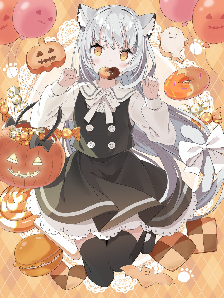 1girl animal_ears argyle argyle_background balloon black_footwear black_skirt black_thighhighs black_vest bow brown_background brown_eyes candy_wrapper cat_ears cat_girl cat_tail collared_shirt commentary_request doily doughnut dress_shirt food food_in_mouth full_body ghost grey_hair halloween_bucket hands_up highres jack-o'-lantern long_hair long_sleeves looking_at_viewer mouth_hold original puffy_long_sleeves puffy_sleeves shirt shoes skirt skirt_set solo tail tail_bow tail_ornament tantan_men_(dragon) thighhighs very_long_hair vest white_bow white_shirt