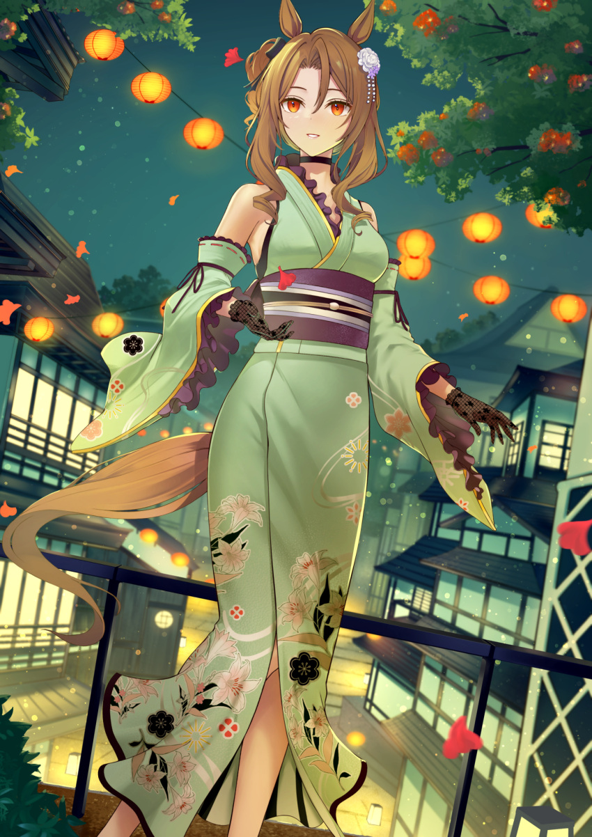 1girl animal_ears bare_shoulders brown_hair commission cowboy_shot detached_sleeves dress floral_print flower gloves green_dress green_kimono hair_flower hair_ornament highres horse_ears horse_girl horse_tail japan japanese_clothes kimono king_halo_(umamusume) lantern murazo_(0606) night orange_eyes skeb_commission smile solo standing tail town umamusume wavy_hair wide_sleeves