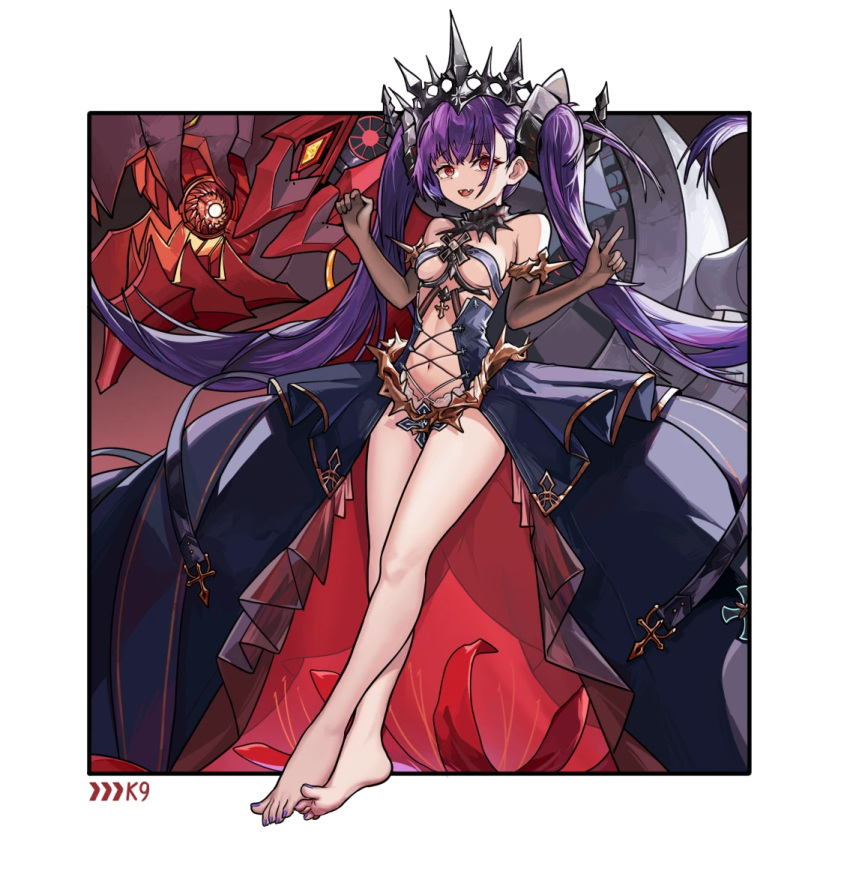 1girl azur_lane bare_legs barefoot black_gloves breasts center_opening commentary_request cross cross-laced_clothes cross-laced_dress crossed_ankles crossed_bangs elbow_gloves fangs felix_schultz_(azur_lane) full_body gloves hands_up horns iron_cross kuroinu9 light_frown long_hair looking_at_viewer navel outside_border pink_nails purple_hair red_eyes revealing_clothes skin_fangs small_breasts solo spikes twintails