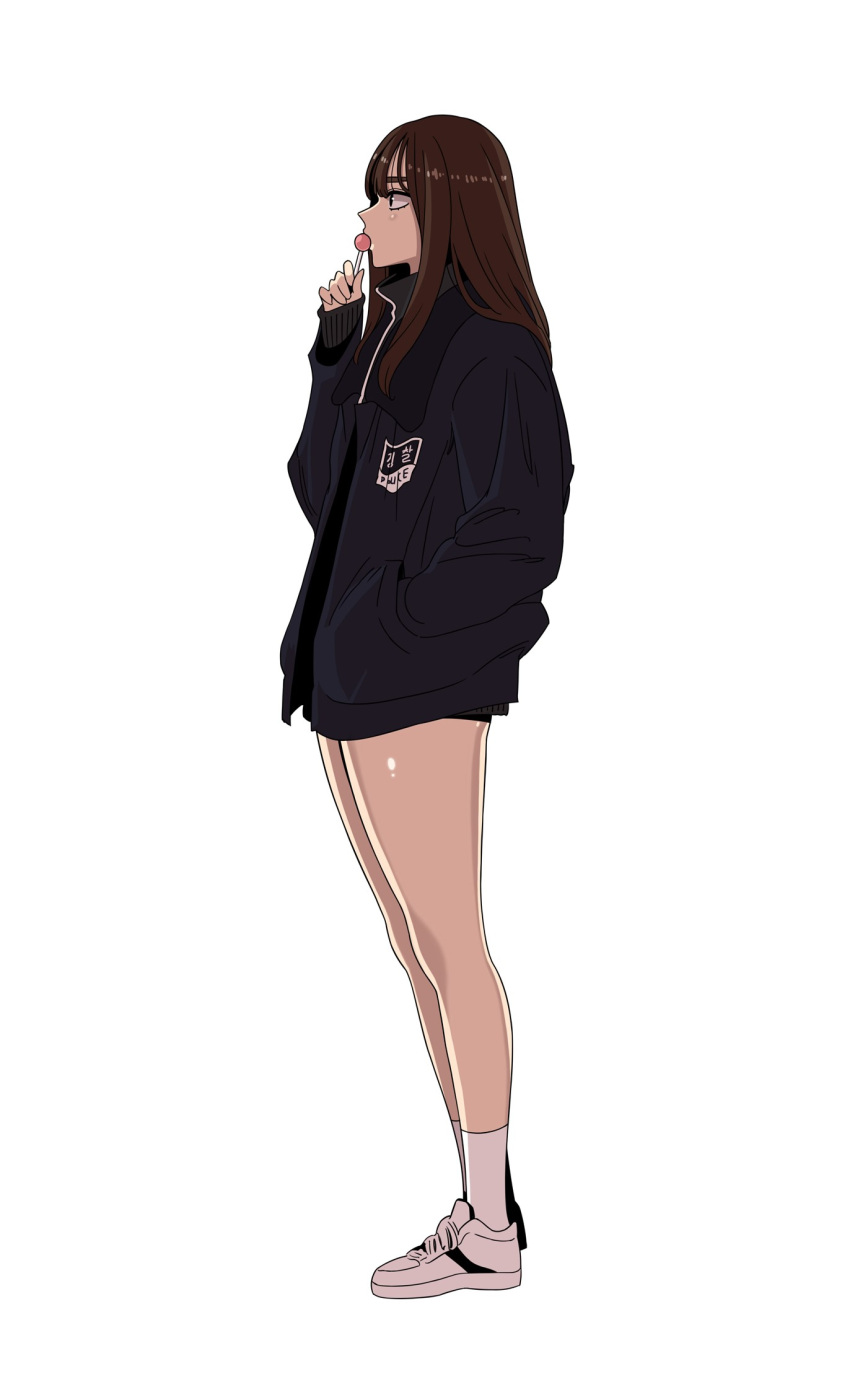 1girl beautiful_gunbari black_eyes black_jacket brown_hair candy eating food full_body hand_in_pocket highres jacket lollipop long_hair long_sleeves ryu_da-hee ryudahee_(ypjf4427) shoes simple_background sneakers socks solo standing thick_eyebrows white_footwear white_socks