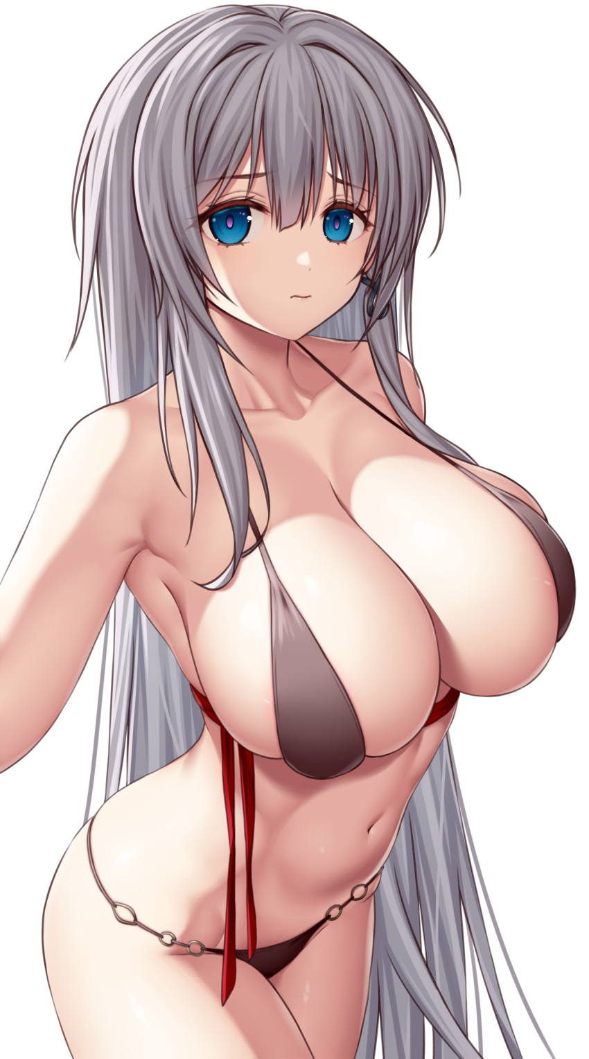 1girl absurdres asamura_hiori azur_lane bikini black_bikini blue_eyes breasts cleavage closed_mouth collarbone commentary_request earrings grey_hair hair_between_eyes highres jewelry large_breasts long_hair looking_at_viewer mainz_(azur_lane) mainz_(the_silkiest_brew)_(azur_lane) navel o-ring o-ring_bikini official_alternate_costume sidelocks simple_background single_earring solo standing swimsuit very_long_hair white_background