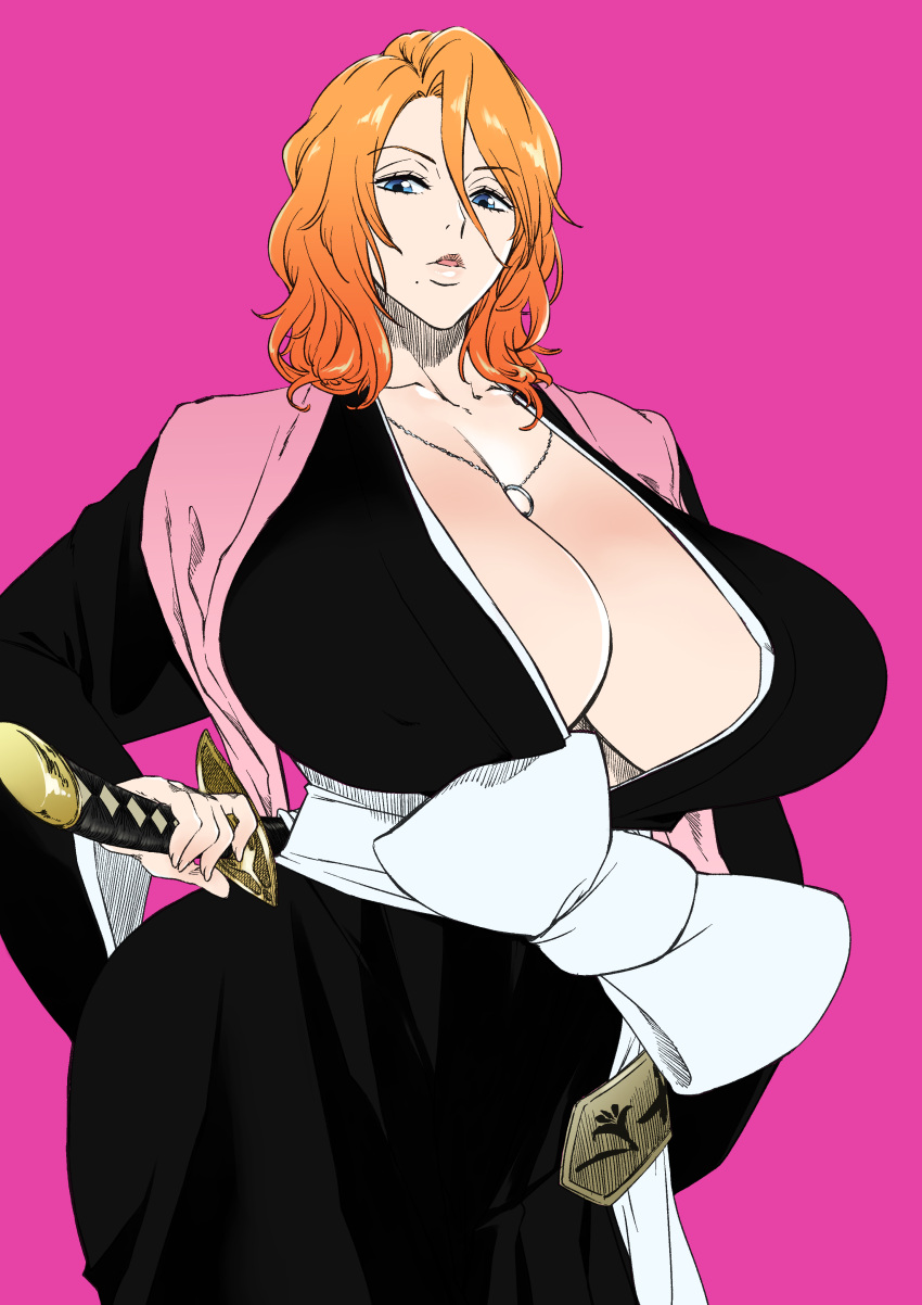 1girl absurdres alternate_hair_length alternate_hairstyle badge black_kimono bleach blue_eyes bow breasts cleavage collarbone commentary contrapposto cowboy_shot curvy expressionless fukutaichou_badge hair_between_eyes hand_on_hilt highres huge_breasts japanese_clothes jewelry katana kimono kyuugata large_bow lips looking_at_viewer matsumoto_rangiku medium_hair mole mole_under_eye necklace orange_hair parted_bangs parted_lips pink_background pink_shawl shawl simple_background solo standing sword weapon white_bow