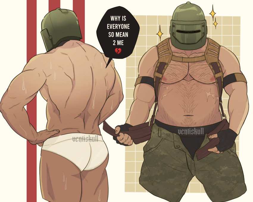 1boy absurdres artist_name ass back bara belt black_gloves black_male_underwear brown_belt camouflage camouflage_pants chest_hair dilfborne_(ventiskull) english_text fingerless_gloves gloves green_pants helmet highres large_pectorals male_focus male_underwear muscular muscular_male navel nipples open_belt open_pants pants pectorals rainbow_six_siege tachanka_(rainbow_six_siege) thighs topless_male underwear white_male_underwear