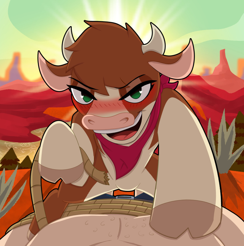 absurd_res arizona_cow_(tfh) bandanna blush bound bovid bovine cattle dessert dominant dominant_female duo female female_on_top feral food hi_res hooves horn human kerchief lasso male male/female mammal on_top them's_fightin'_herds video_games weirdkoaladream