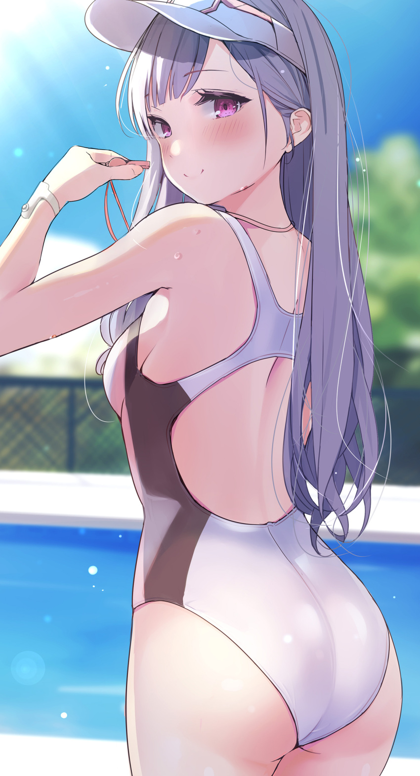 1girl absurdres ass back_cutout blurry blurry_background blush breasts clothing_cutout competition_swimsuit grey_hair highres holding holding_whistle idolmaster idolmaster_shiny_colors long_hair looking_at_viewer looking_back median_furrow medium_breasts multicolored_clothes multicolored_swimsuit nira_(vira) one-piece_swimsuit pink_eyes smile solo straight_hair sunlight swimsuit very_long_hair visor_cap whistle yukoku_kiriko