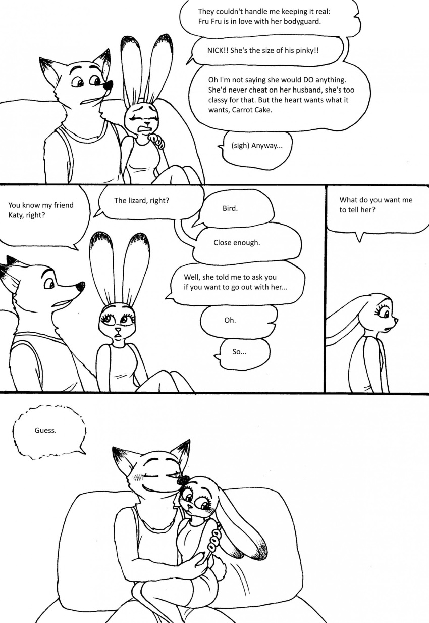 2023 4_fingers anthro bed bernielover bernielover's_college_au blush bottomwear breasts canid canine claws clothed clothing comic cuddling dialogue disney duo english_text female finger_claws fingers fox fur furniture group hi_res humanoid_hands judy_hopps lagomorph leporid male male/female mammal monochrome nick_wilde pants rabbit shirt shorts sitting smile speech_bubble tank_top text topwear watching_tv zootopia