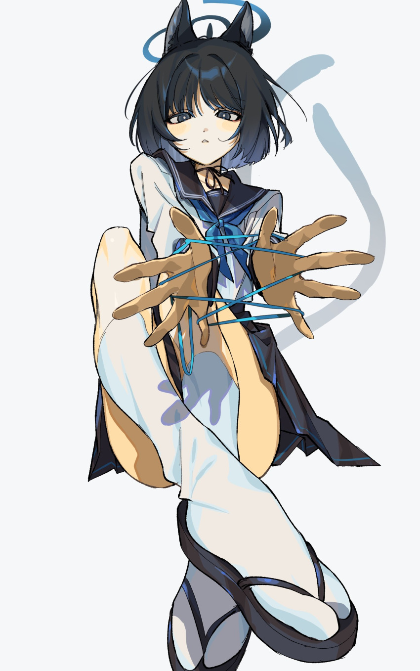 1girl absurdres animal_ears black_eyes black_hair black_sailor_collar blue_archive blue_halo blue_neckerchief blue_string blue_tail cat's_cradle cat_ears cat_tail commentary crossed_legs eyeshadow full_body halo hamita_(rikopin_ika) highres kikyou_(blue_archive) looking_at_viewer makeup multiple_tails neck_ribbon neckerchief open_mouth pleated_skirt red_eyeshadow ribbon sailor_collar sandals school_uniform serafuku short_hair simple_background skirt socks solo swept_bangs tail thighs two_tails white_background
