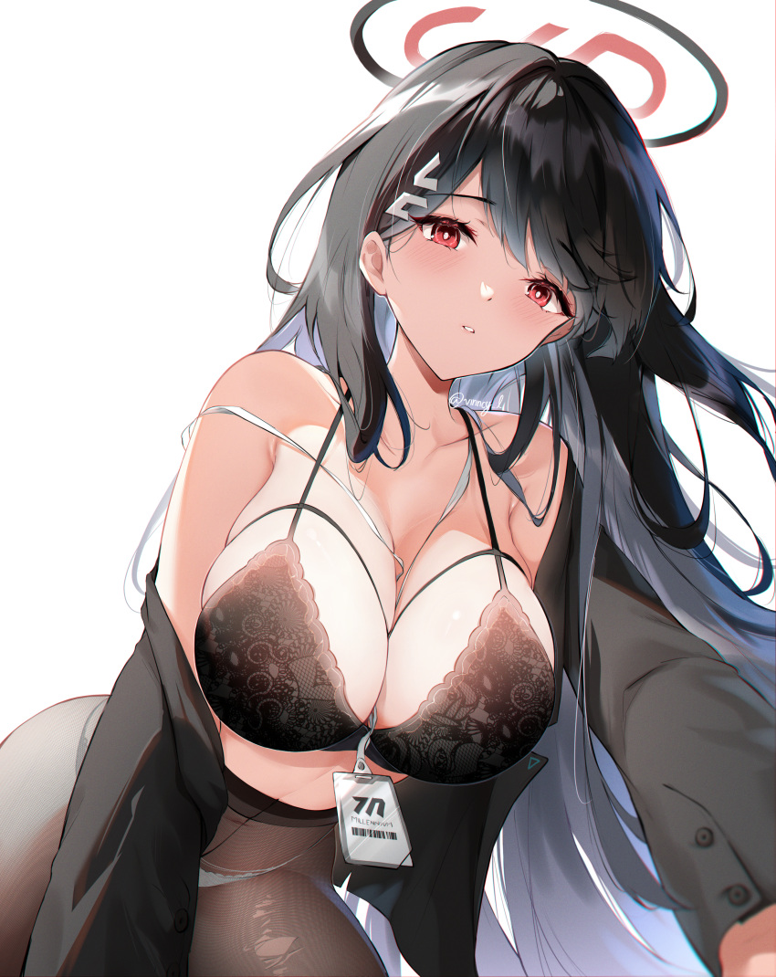 1girl absurdres all_fours bare_shoulders black_bra black_hair blazer blue_archive bra breasts bright_pupils brown_pantyhose cleavage collarbone foreshortening from_below hanging_breasts highres id_card jacket large_breasts lingerie long_hair looking_at_viewer open_clothes open_jacket open_shirt panties panties_under_pantyhose pantyhose parted_lips red_eyes rio_(blue_archive) simple_background solo underwear very_long_hair vincent_leo white_background white_panties
