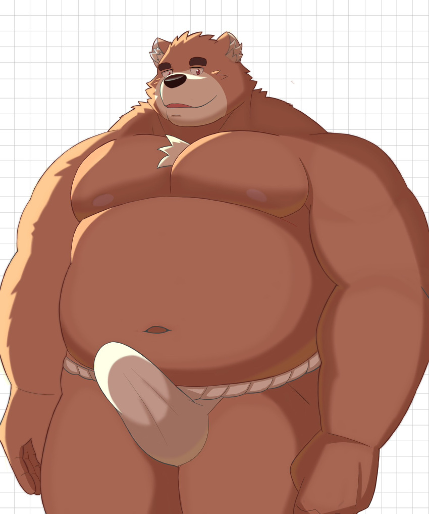 2023 anthro asian_clothing bear belly big_belly black_nose brown_body bulge clothed clothing east_asian_clothing erection erection_under_clothing fundoshi hi_res japanese_clothing kemono male mammal moobs nipples overweight overweight_male solo tinhotarou underwear white_clothing white_fundoshi white_underwear