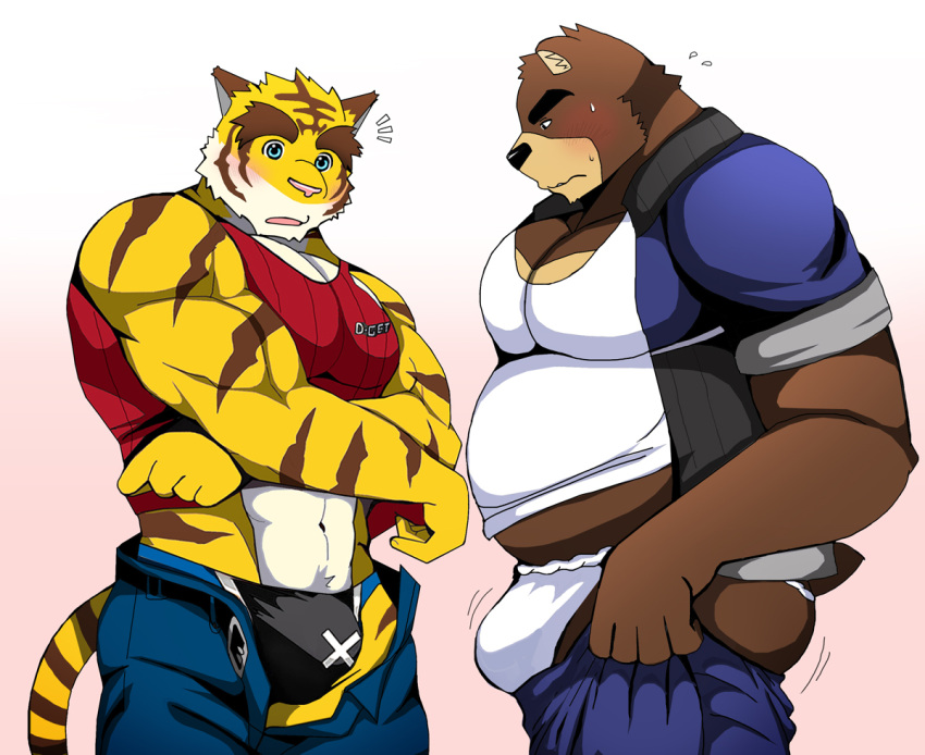 2boys animal_ears ass bara bear_boy belt big_belly black_belt black_male_swimwear blush bouncing_bulge bulge bulge_lift character_request dressing fat fat_man feet_out_of_frame forked_eyebrows from_side fundoshi furry furry_male furry_with_furry i've_never_seen_a_guy_recreate_this_successfully_tbh_(meme) japanese_clothes large_bulge large_pectorals looking_at_bulge male_focus male_swimwear male_underwear meme midriff_peek morenatsu mouhu_(bearlovestiger13) multiple_boys muscular muscular_male open_pants pants pants_lift pectoral_cleavage pectorals print_male_swimwear red_tank_top short_hair stomach sweatdrop swim_briefs tail tank_top thick_eyebrows tiger_boy tiger_ears tiger_tail torahiko_oshima undersized_clothes underwear white_male_underwear wide-eyed yaoi yellow_fur