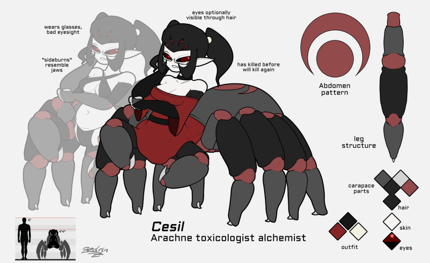 8_legs arachnid arachnid_taur arthropod arthropod_abdomen arthropod_taur black_body black_hair black_sclera breasts cesil_(zedrin) cleavage clothed clothing eyewear female glasses grin hair hi_res humanoid_pointy_ears markings model_sheet multicolored_body navel pigtails red_body red_eyes signature smile solo spider spider_taur taur teeth text white_body white_skin zedrin