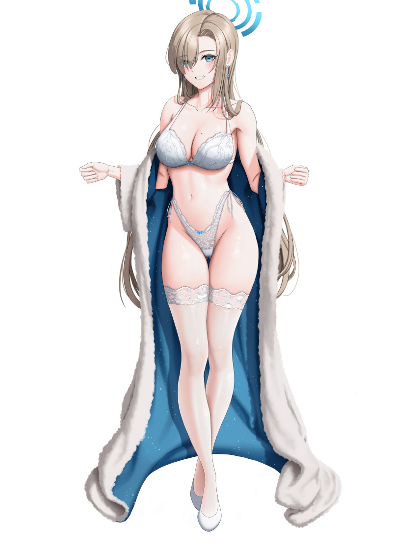 1girl absurdres ass_visible_through_thighs asuna_(blue_archive) blonde_hair blue_archive blue_eyes blue_robe bra breasts collarbone earrings eyes_visible_through_hair full_body fur-trimmed_robe grin groin hair_over_one_eye halo highleg highleg_panties highres jewelry large_breasts long_hair merrick mole mole_on_breast navel panties robe simple_background smile solo stomach teeth thigh_gap thighhighs underwear very_long_hair white_background white_bra white_panties white_thighhighs