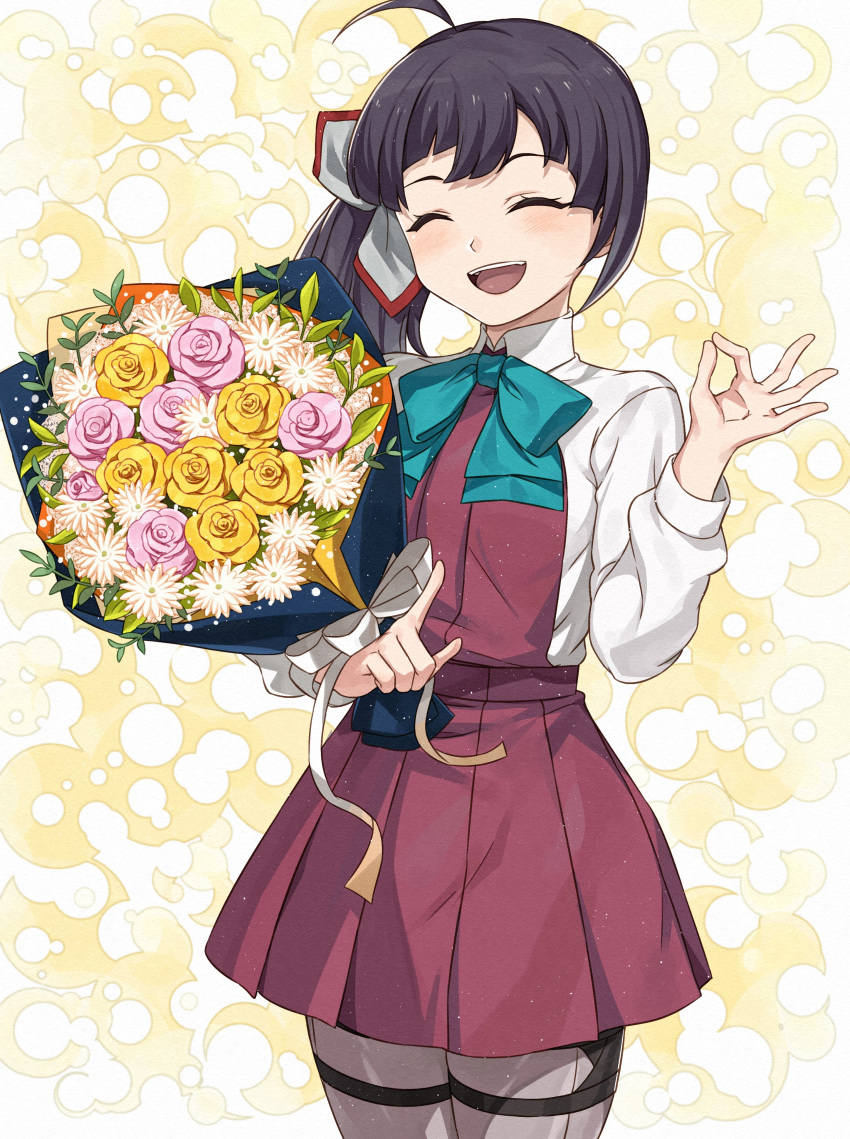 1girl absurdres ahoge aqua_bow aqua_bowtie black_hair blush bouquet bow bowtie closed_eyes collared_shirt cowboy_shot dress flower fujinami_(kancolle) grey_pantyhose hair_bow highres holding holding_bouquet kanmiya_shinobu kantai_collection long_sleeves medium_hair open_mouth pantyhose pink_flower pleated_dress purple_dress shirt side_ponytail smile solo white_bow white_flower white_shirt yellow_flower