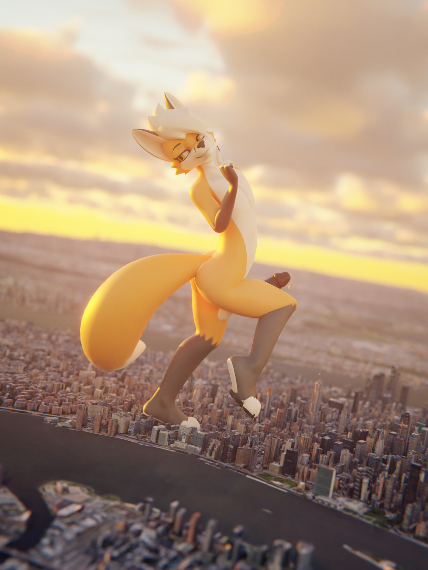 2022 3d_(artwork) absurd_res anthro balls blender_(software) building canid canine city cloud digital_media_(artwork) fox genitals girly hi_res landscape_dwarfing logan_grey looking_back macro mammal midriff nude penis perspective_shot plantigrade rileyfoxxo sky skyscraper smile