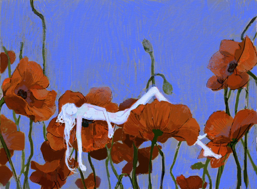 1girl blue_background blue_skin closed_eyes colored_skin flower full_body highres kgeroua long_hair mini_person minigirl nude original poppy_(flower) red_flower sleeping solo