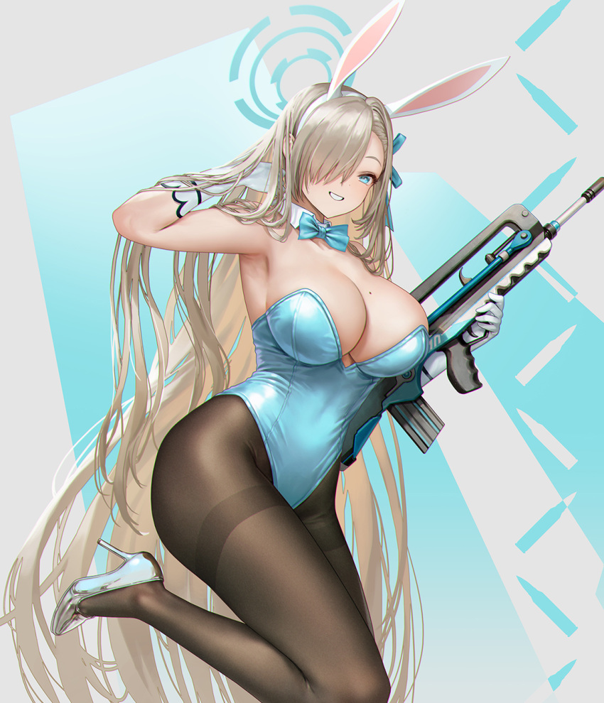 1girl animal_ears assault_rifle asuna_(blue_archive) asuna_(bunny)_(blue_archive) blue_archive blue_bow blue_bowtie blue_eyes blue_leotard blue_ribbon bow bowtie breasts brown_pantyhose bullpup chromatic_aberration cleavage commentary_request detached_collar fake_animal_ears famas foot_out_of_frame gloves grin gun hair_over_one_eye hair_ribbon hairband halo hand_in_own_hair hands_up high_heels highleg highleg_leotard highres holding holding_gun holding_weapon large_breasts legs_folded leotard light_brown_hair long_hair mole mole_on_breast official_alternate_costume one_eye_covered pantyhose playboy_bunny rabbit_ears ribbon rifle shtauffen smile solo strapless strapless_leotard thighband_pantyhose traditional_bowtie very_long_hair weapon white_gloves white_hairband