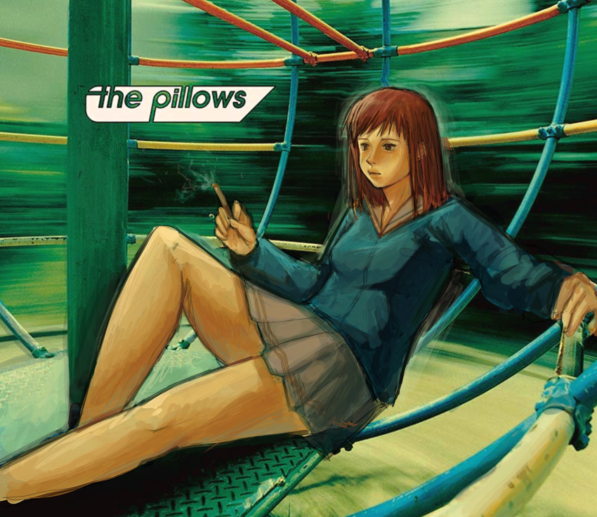 1girl breasts cigarette flcl grey_skirt highres legs lips photo-referenced photo_background red_hair samejima_mamimi skirt skyco_software solo the_pillows