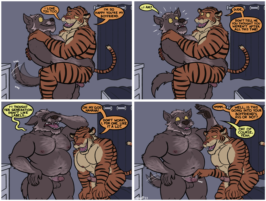 absurd_res age_difference anthro bedroom boomer_(nanoff) canid canine canis comic duo embrace english_text erection facepalm felid foreskin genitals hi_res holding_up_other_character hug male male/male mammal miles_(nanoff) musclegut muscular muscular_male nanoff nude pantherine penis poking_penis smile tail tail_motion tailwag text tiger wolf