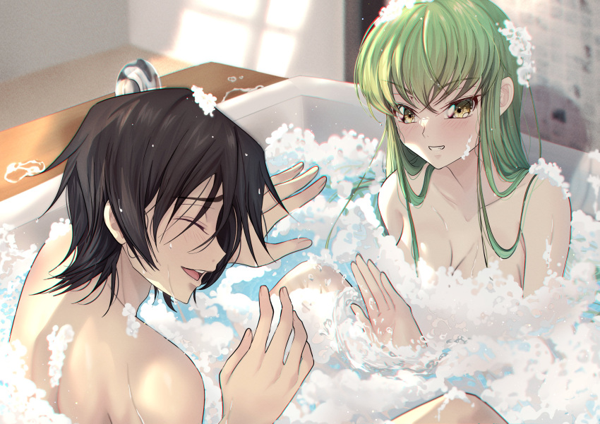 1boy 1girl ^_^ absurdres bare_shoulders bathtub black_hair blush breasts budgiepon c.c. cleavage closed_eyes code_geass commentary completely_nude convenient_censoring couple crossed_bangs day eyelashes eyes_visible_through_hair green_hair grin hair_between_eyes hair_over_shoulder hetero highres indoors lelouch_vi_britannia long_hair looking_at_another medium_breasts mixed_bathing nude open_mouth partially_submerged profile shared_bathing short_hair sidelighting smile soap_bubbles soap_censor spiked_hair splashing straight_hair teeth upper_teeth_only v-shaped_eyebrows water water_drop wet wet_hair yellow_eyes