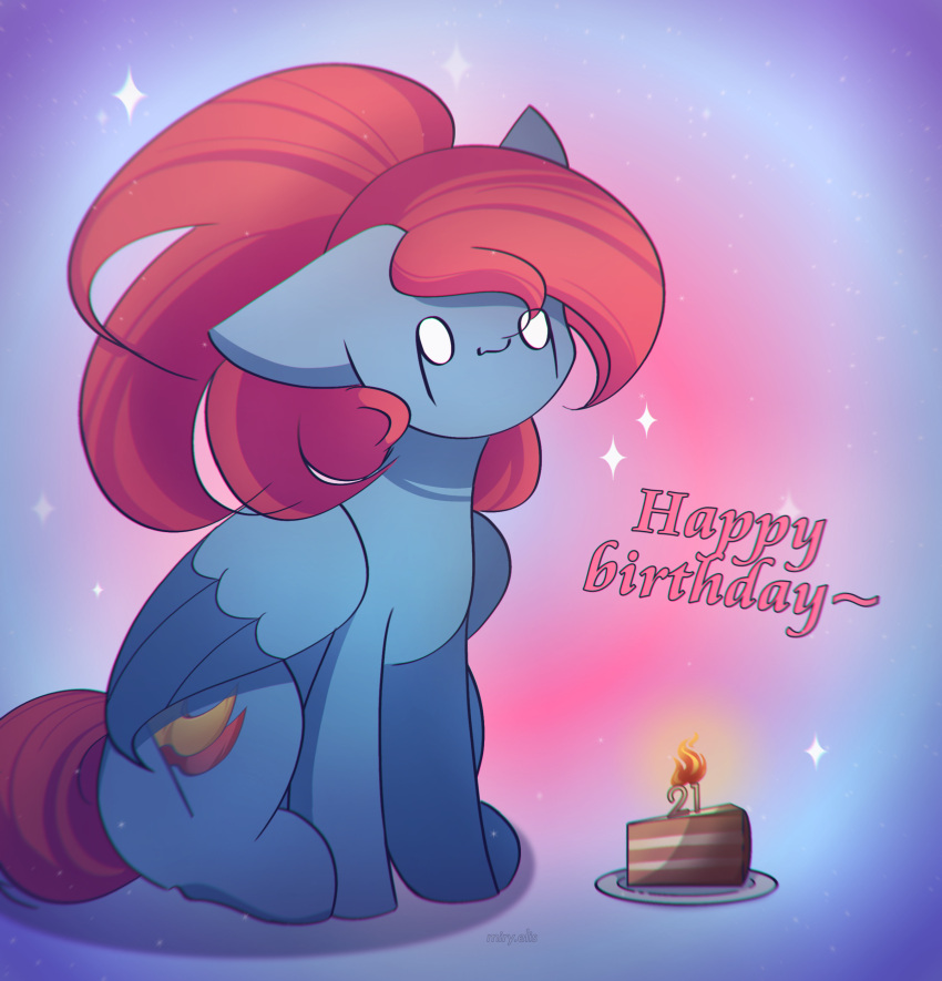 absurd_res ambiguous_gender birthday blue_body blue_feathers cake cutie_mark dessert digital_media_(artwork) equid equine fan_character feathered_wings feathers female fire folded_wings food hair hasbro hi_res mammal mane miryelis my_little_pony pegasus plate red_hair red_mane red_tail sitting smile solo tail wings