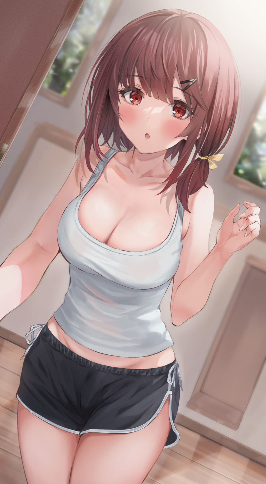 1girl :o absurdres bare_arms black_shorts blush breasts brown_eyes brown_hair cleavage collarbone commentary_request dolphin_shorts hair_between_eyes hair_ornament hairclip highres looking_at_viewer medium_breasts open_mouth original reflective_floor short_shorts shorts solo standing tank_top toratora_(nanahaba) white_tank_top window wooden_floor